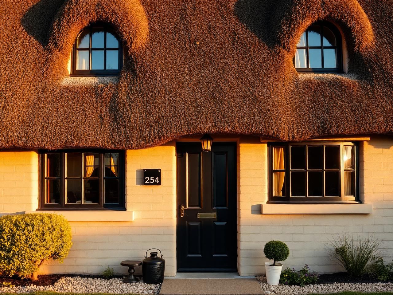 Thatched Northamptonshire village home in warm limestone with a black composite front door, brass lantern lit at golden hour — installed by South East Windows & Doors in Rushden, Northamptonshire