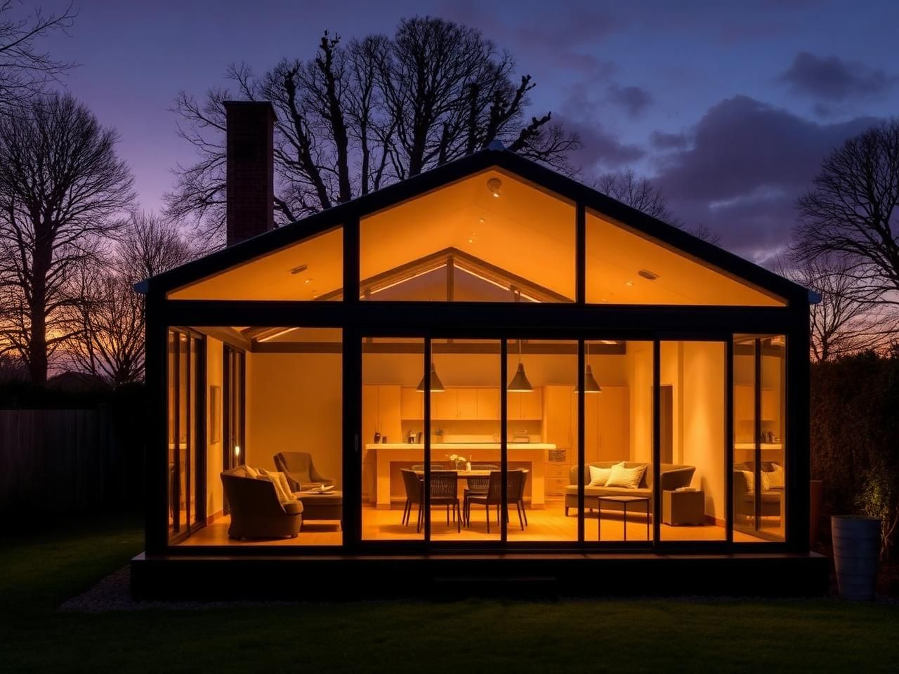 Contemporary black aluminium garden room on a Northamptonshire country property, glowing warmly against a dusk sky — installed by South East Windows & Doors in Rushden, Northamptonshire