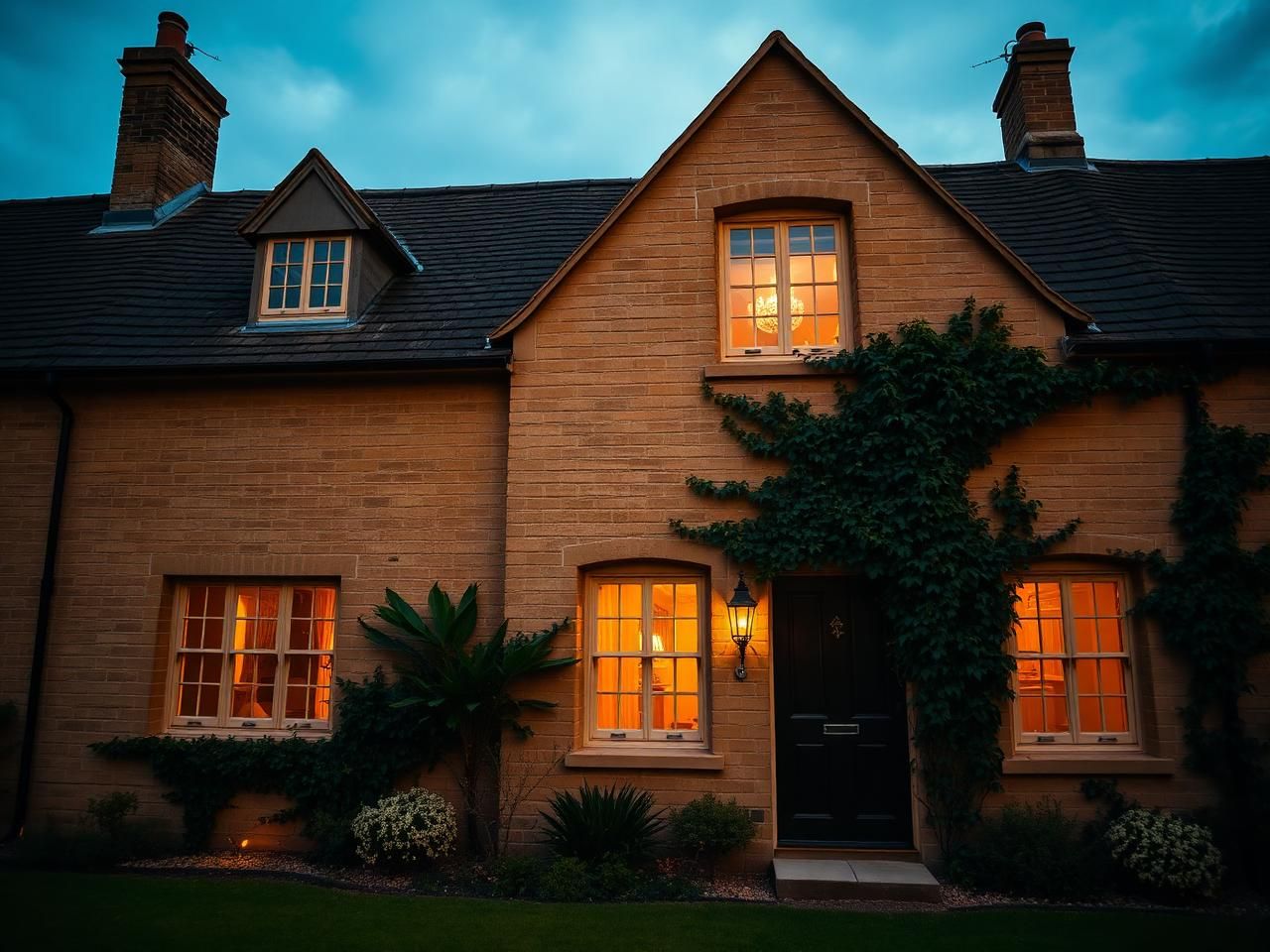 Oxfordshire Cotswold-stone cottage with honey-coloured walls, mullioned flush casement windows and ivy accents, glowing at dusk