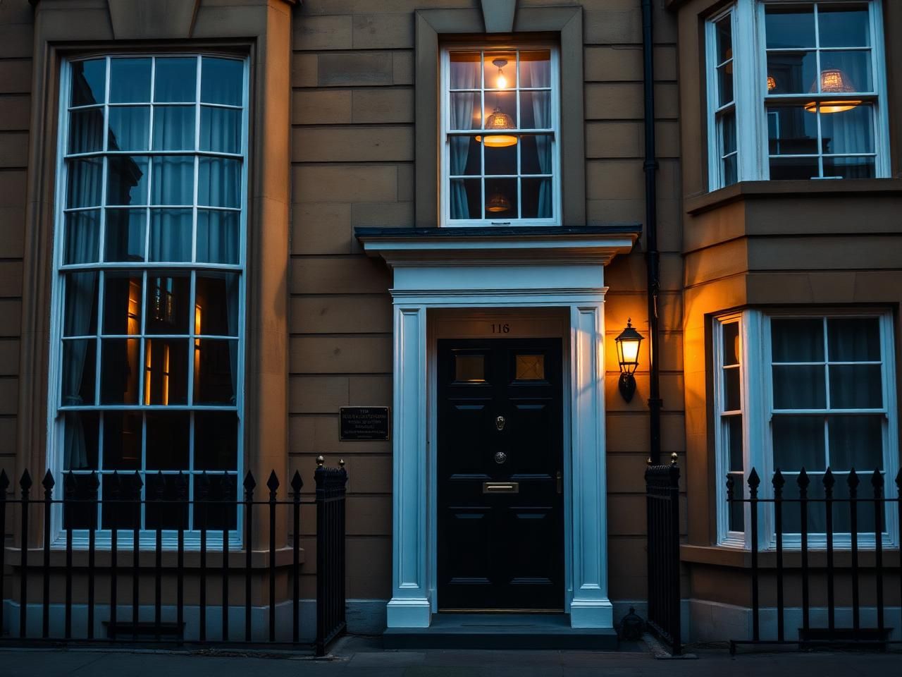 Oxford university-city Georgian townhouse in honey stone with tall white sash windows and a glossy black front door at twilight — installed by South East Windows & Doors in Didcot, Oxfordshire