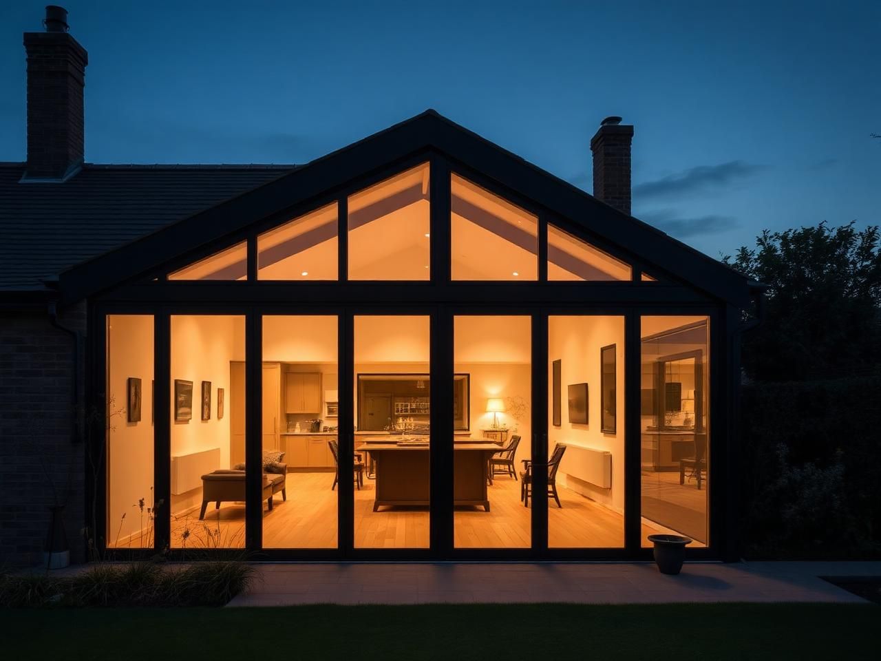 Contemporary Oxfordshire country home extension with slim black aluminium bifold doors opening onto a Cotswold garden at dusk — installed by South East Windows & Doors in Didcot, Oxfordshire