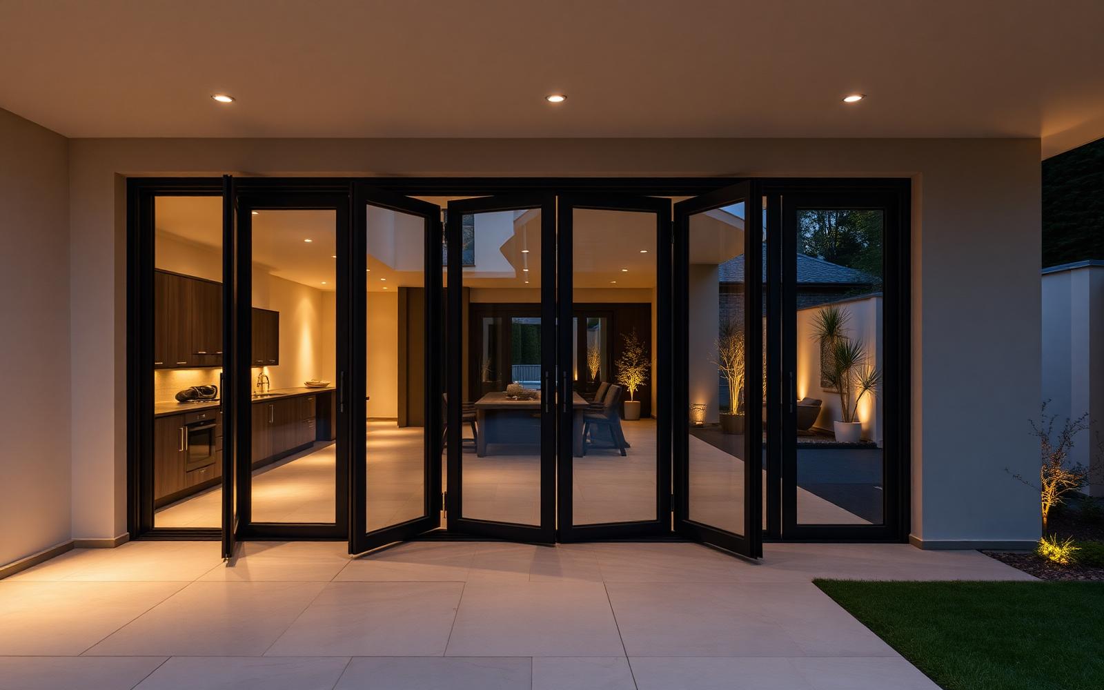 Bifold door track detail — stainless rollers on a low-threshold aluminium sill