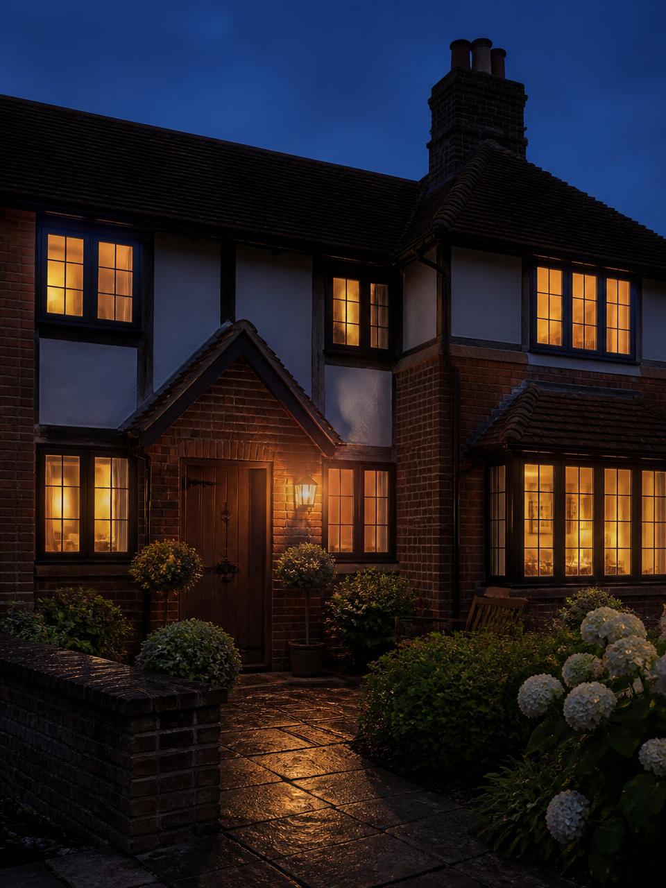 Flush casement window — timber-effect grain and heritage butt hinge