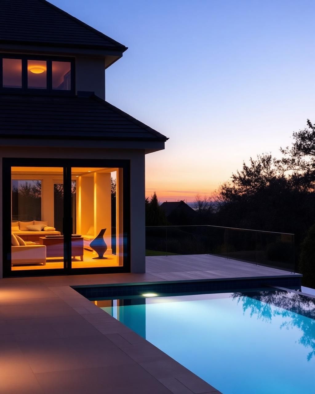 Slim-frame aluminium sliding doors on a poolside garden elevation, warm interior light reflecting across the water at dusk