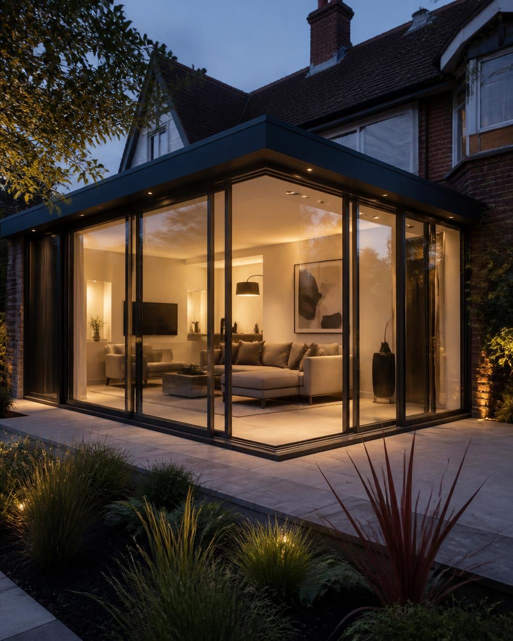 Corner-configuration slim-frame black aluminium sliding doors on a contemporary British garden extension with floor-to-ceiling glass wrapping the corner