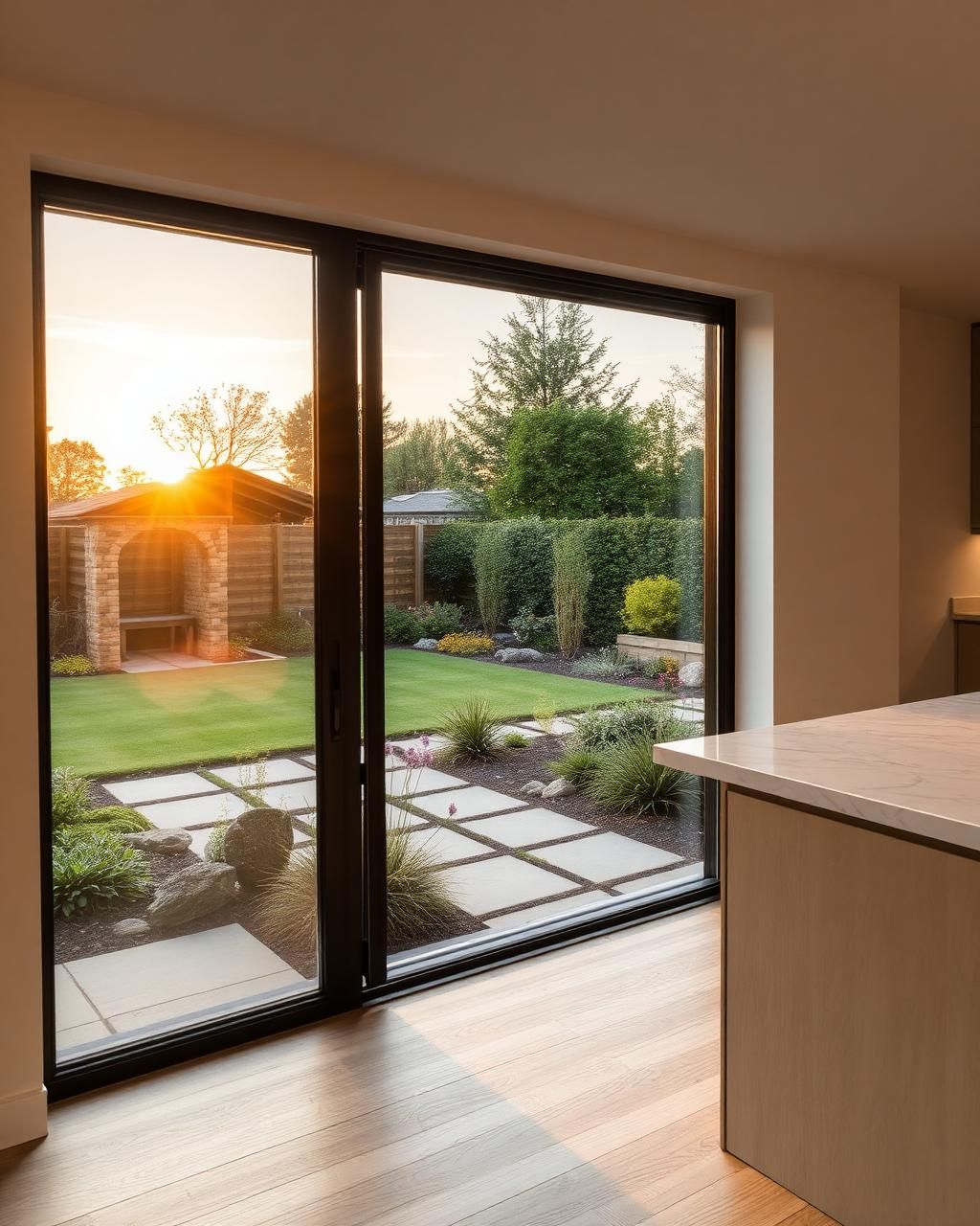 Interior view through a slim-frame aluminium door onto a landscaped British garden at sunset from a modern extension