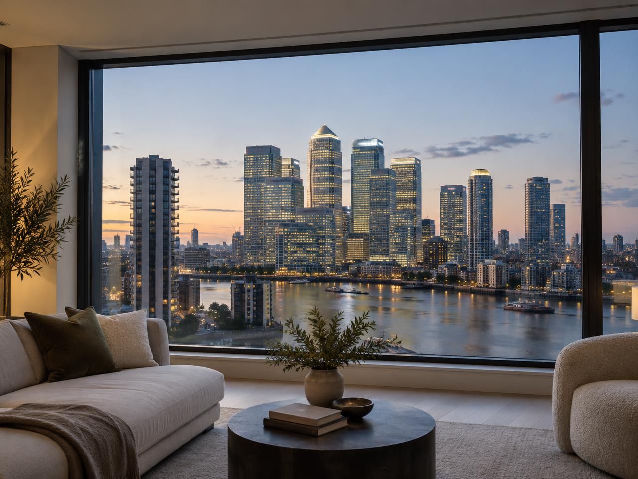 Interior view through a dark-framed aluminium window overlooking a city rooftop skyline at dusk