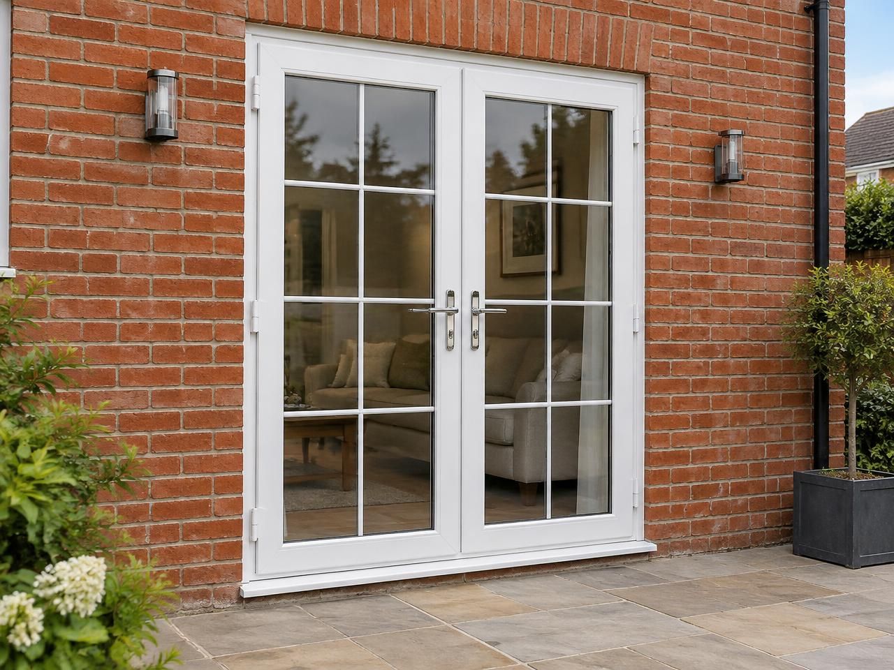White uPVC French doors with Georgian bar detail opening onto a suburban rear patio