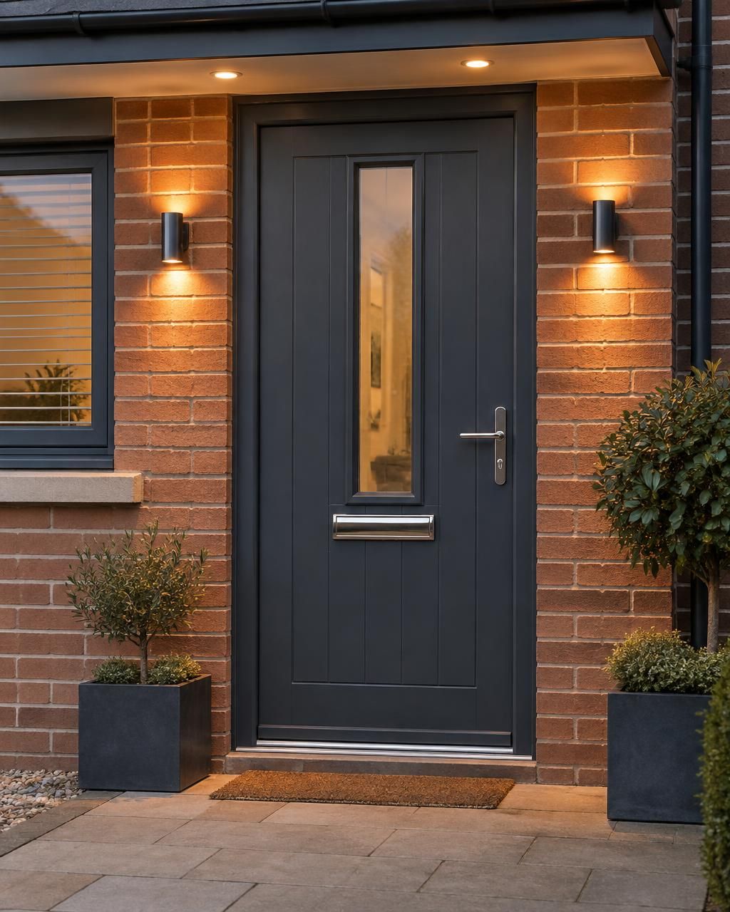 Anthracite grey uPVC front door with a slim glazed panel and brushed chrome furniture, flanked by bay trees in a lit porch at dusk
