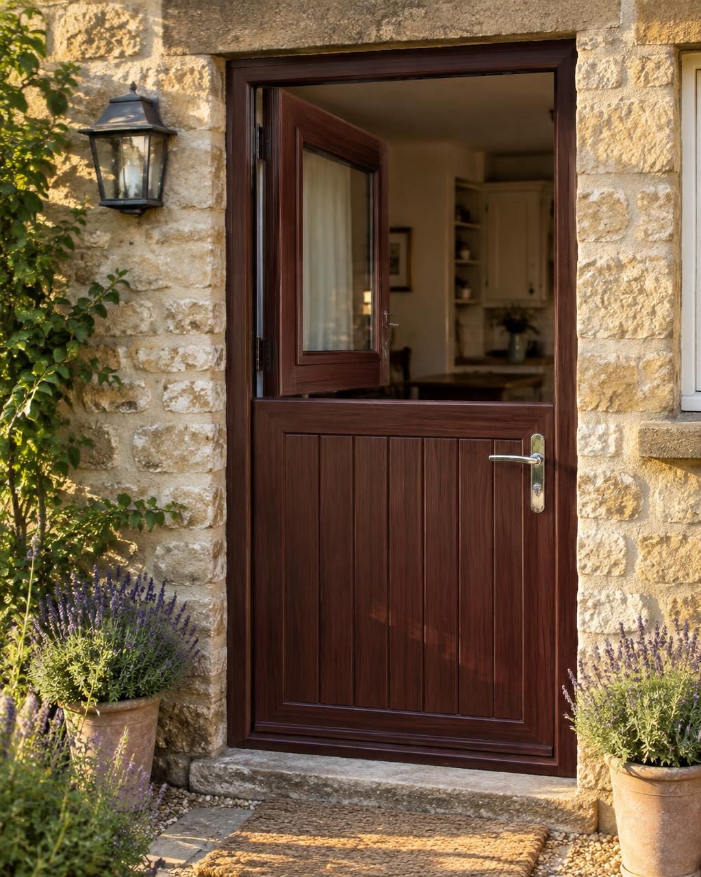 Woodgrain uPVC stable-style back door on a honey-stone cottage with the upper leaf open and potted lavender beside the threshold